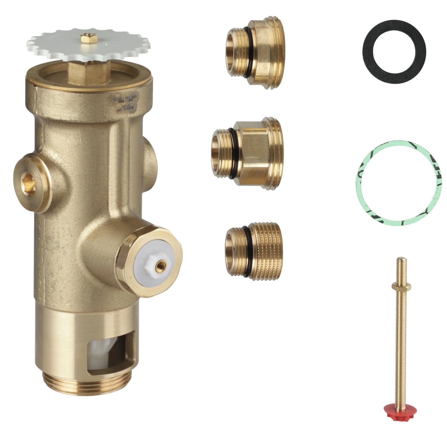 Grohe Rondo brass wall carrier toilet flush valve with chrome finish, shown with threaded connectors, seals, and mounting har