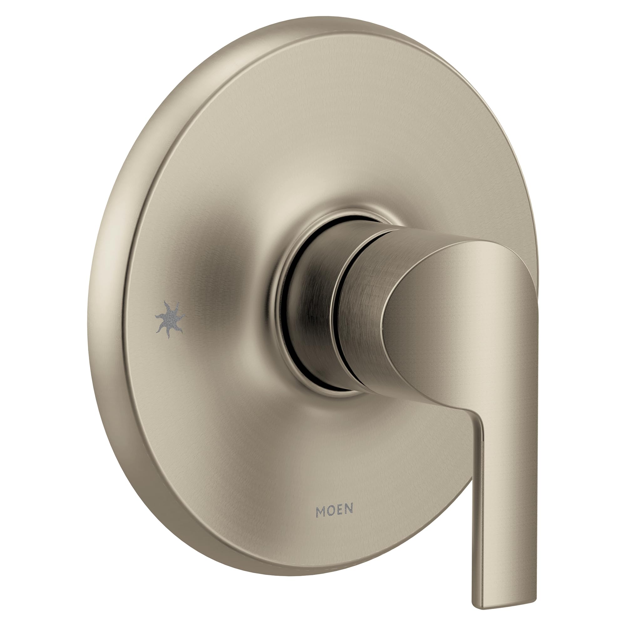 Brushed nickel single-handle valve trim with circular escutcheon plate and lever handle for shower or bath control.