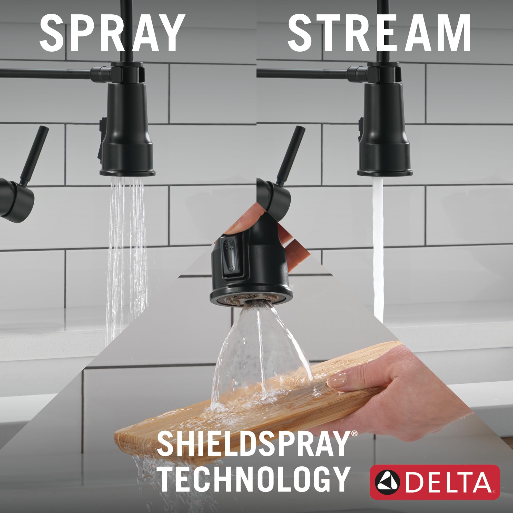 Matte black pull-down kitchen faucet with single handle shown in spray and stream modes over white subway tile backsplash.