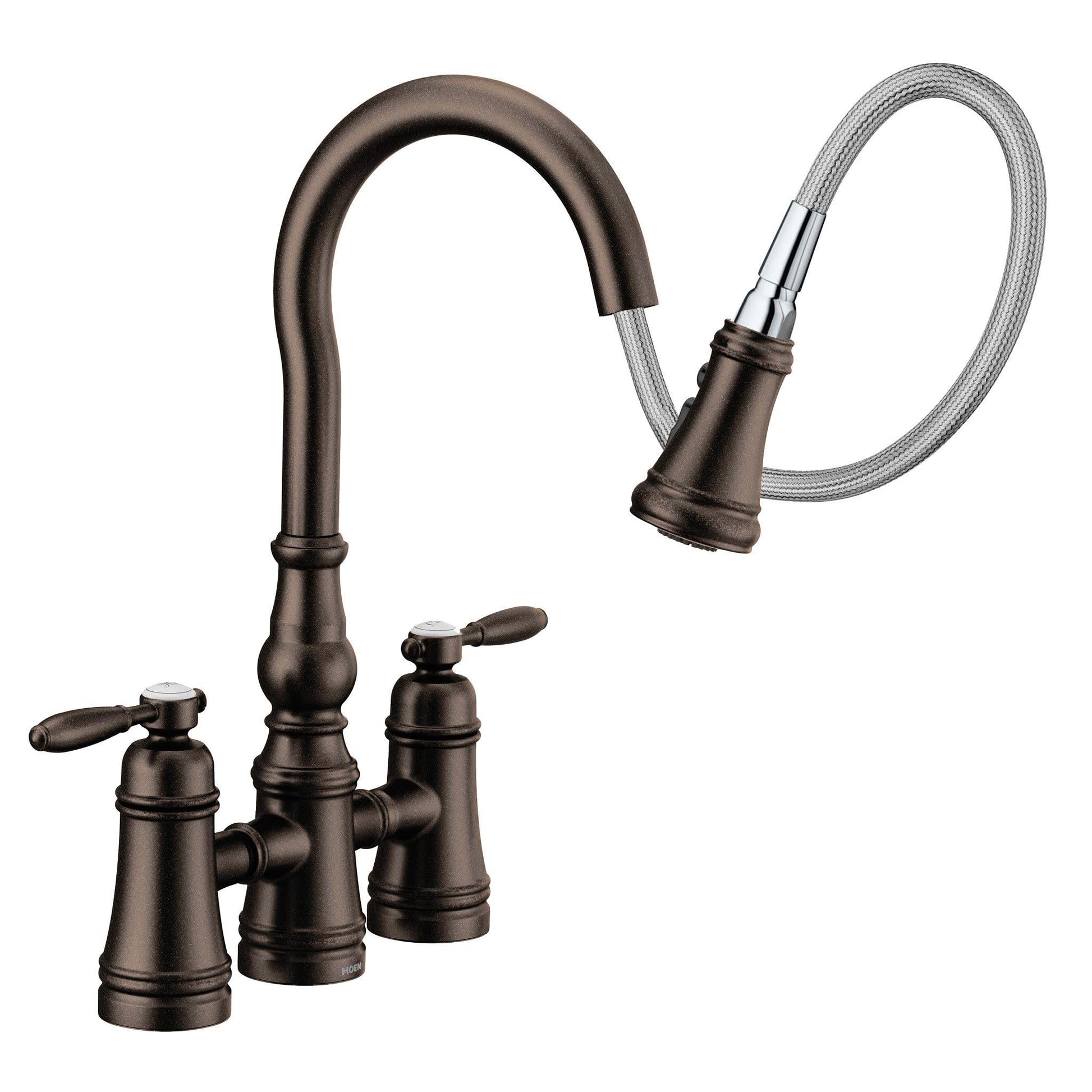 Oil rubbed bronze bridge kitchen faucet with two handles and a pulldown sprayer hose.