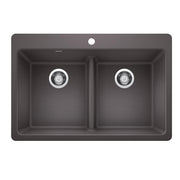Cinder gray double bowl sink with low divider, dual drain strainers, and top-mount installation.