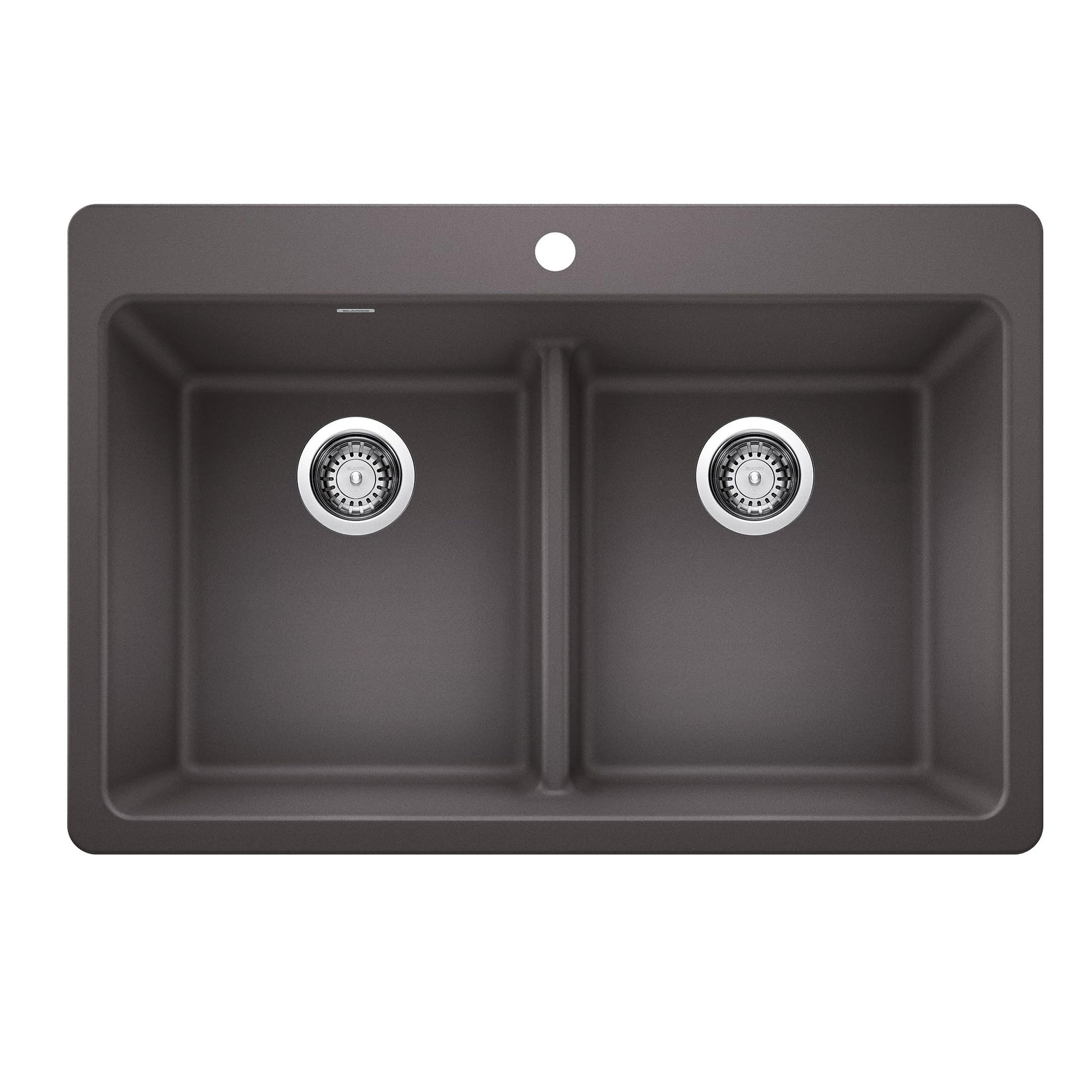 Cinder gray double bowl sink with low divider, dual drain strainers, and top-mount installation.