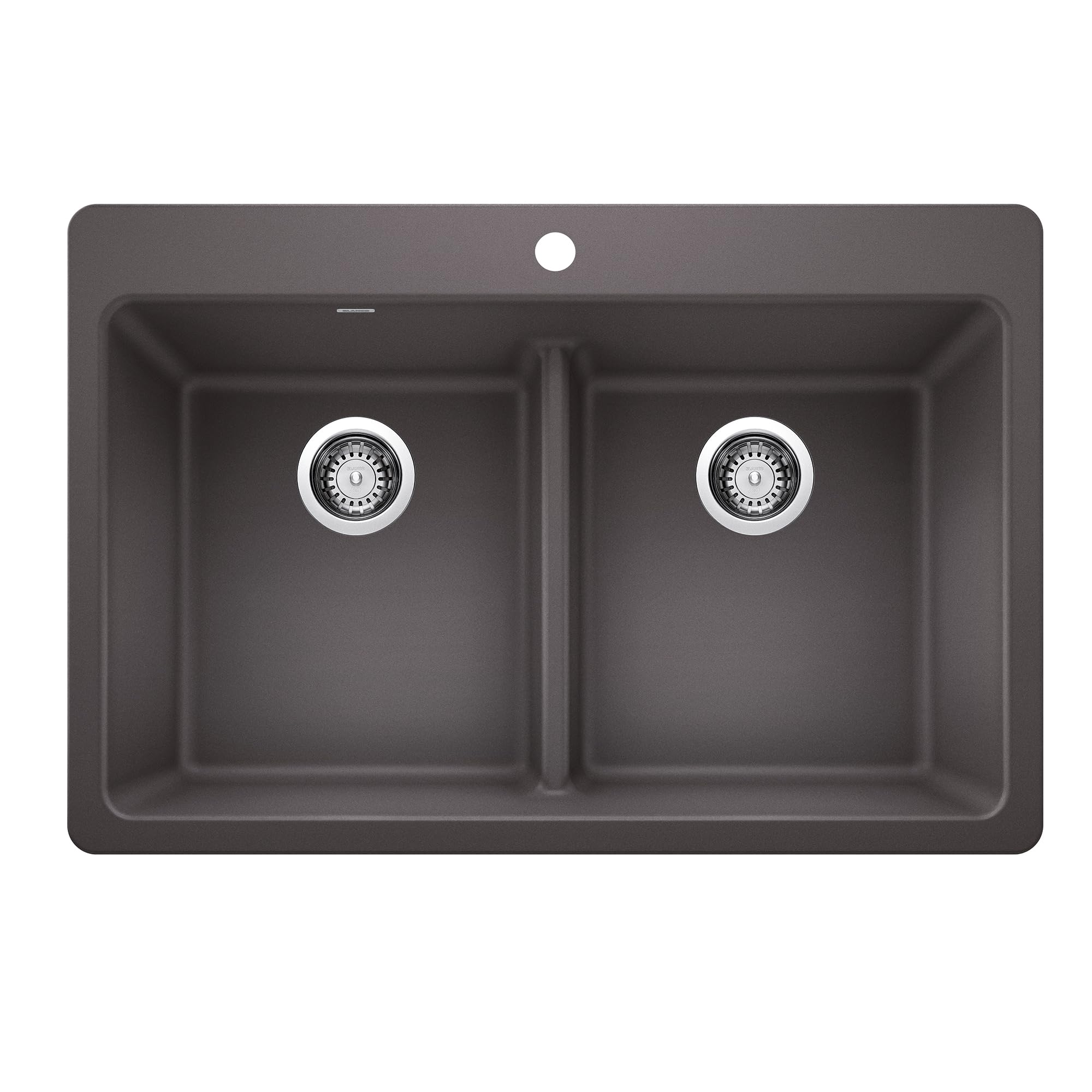 Cinder gray double bowl sink with low divider, dual drain strainers, and top-mount installation.