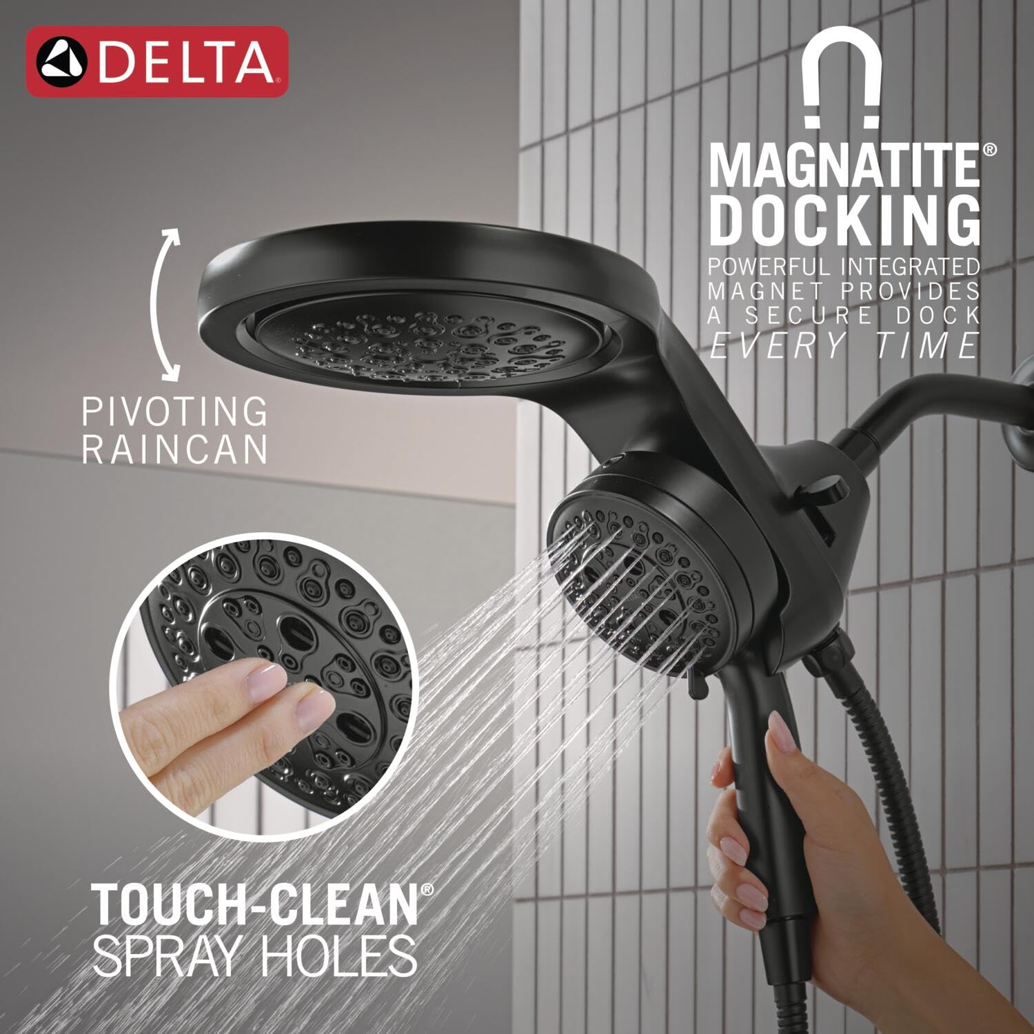 Matte black Delta showerhead with pivoting raincan, handheld spray component, and touch-clean spray holes.