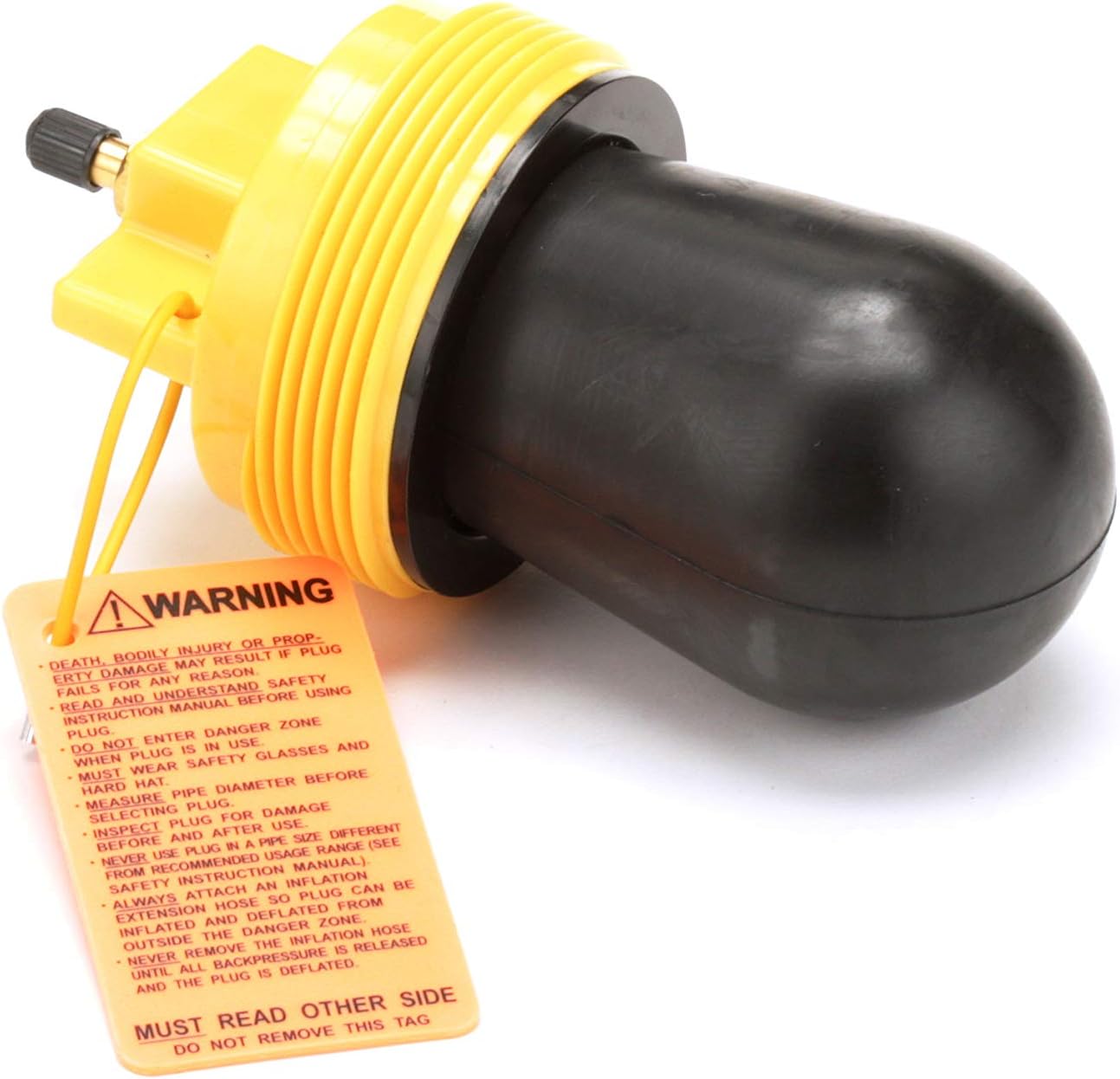Yellow and black pneumatic plug with threaded connection, attached air hose, and warning label.