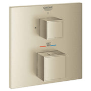 Brushed nickel square thermostatic valve trim with two stacked handles and temperature gauge displaying 100°F and 38°C.