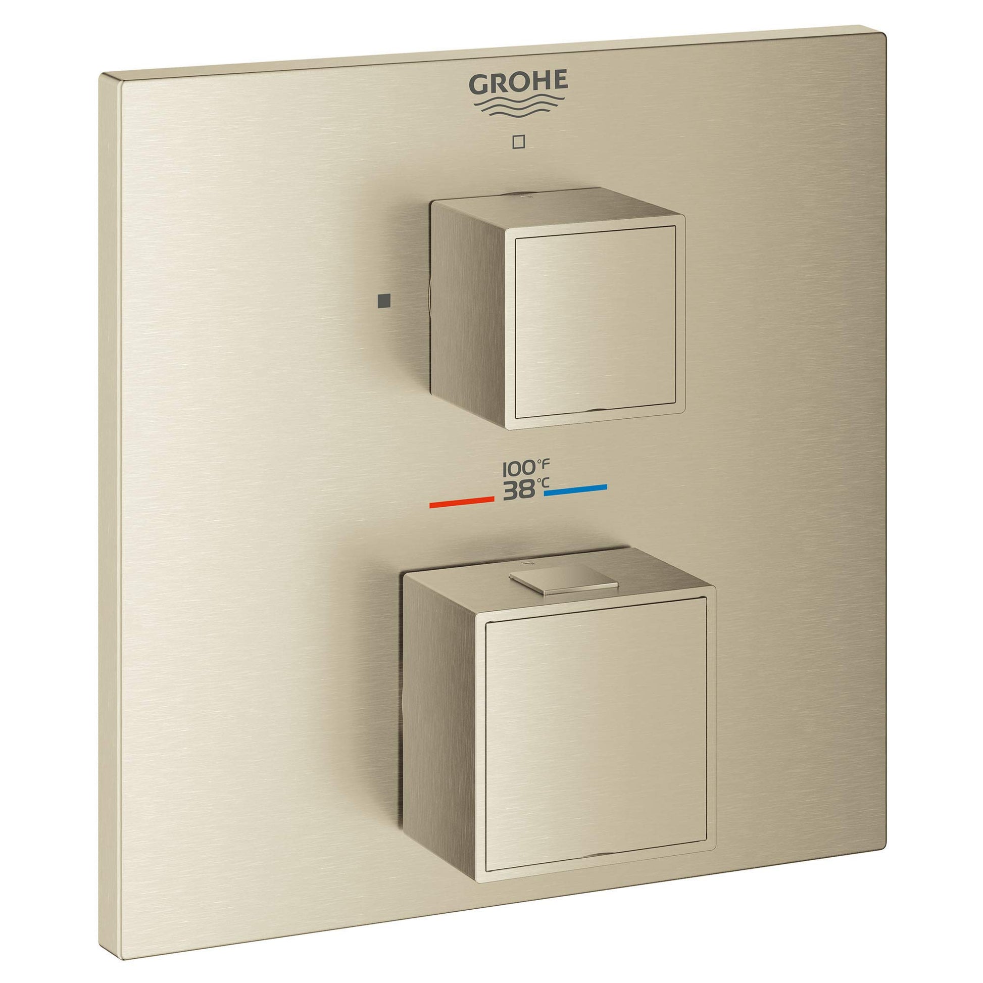 Brushed nickel square thermostatic valve trim with two stacked handles and temperature gauge displaying 100°F and 38°C.