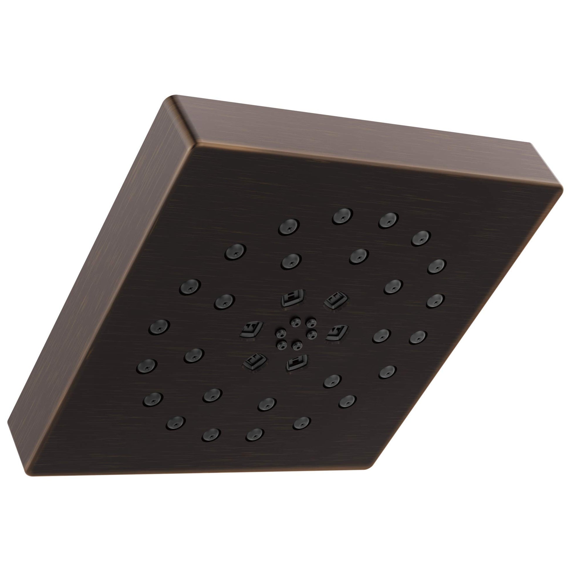 Square shower head with multiple spray jets in oil-rubbed bronze finish.