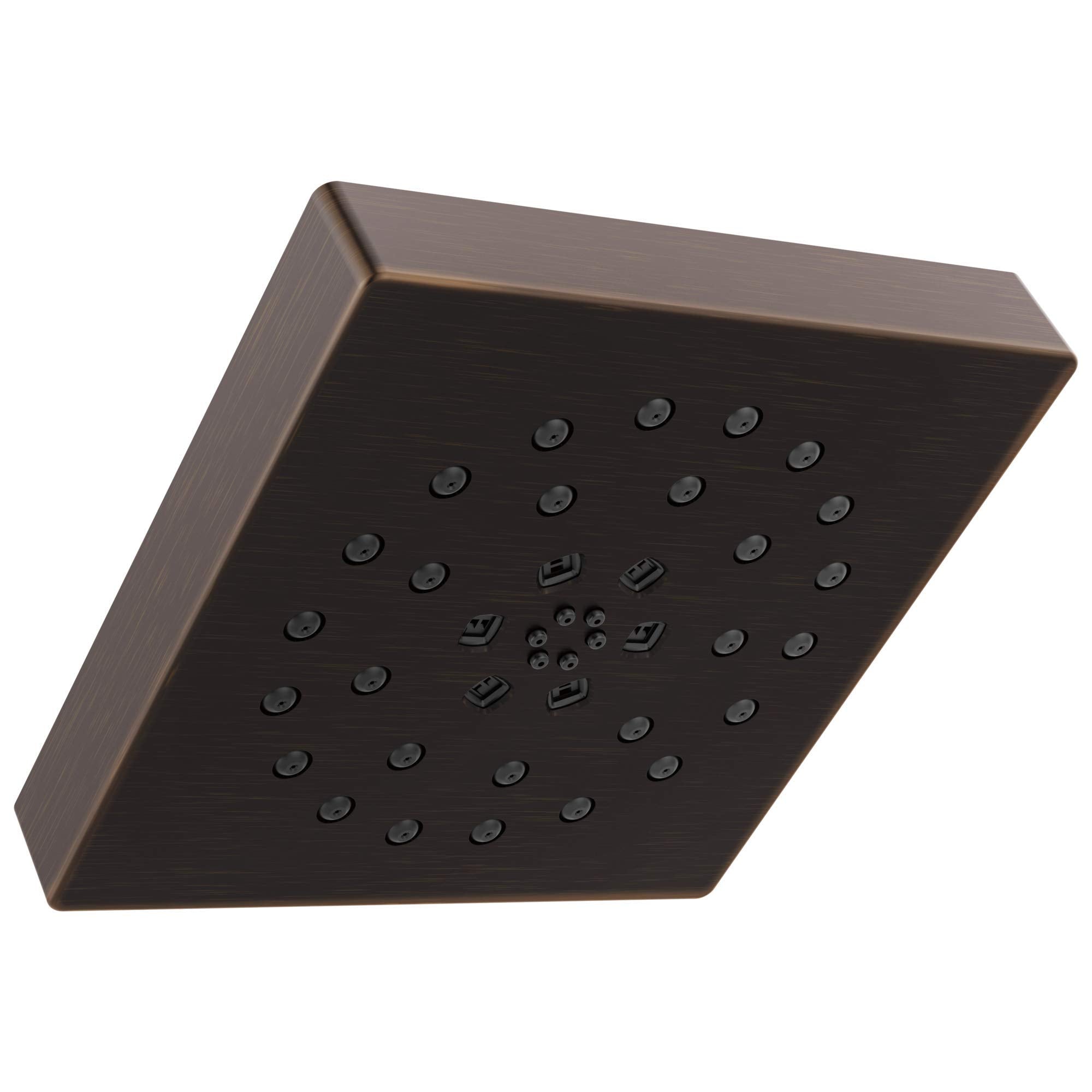 Square shower head with multiple spray jets in oil-rubbed bronze finish.