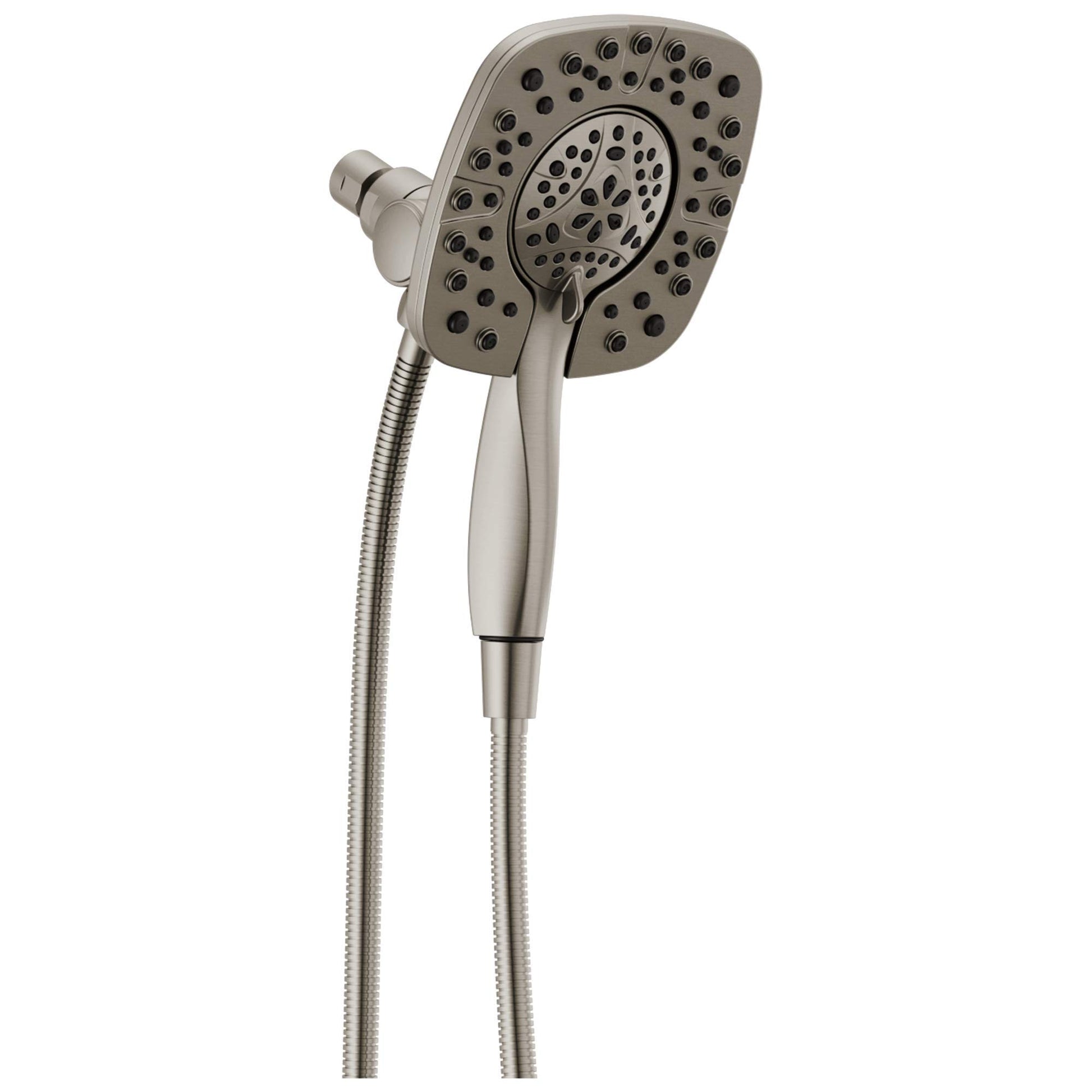 Square brushed nickel showerhead with dual spray pattern and handheld shower on flexible hose.