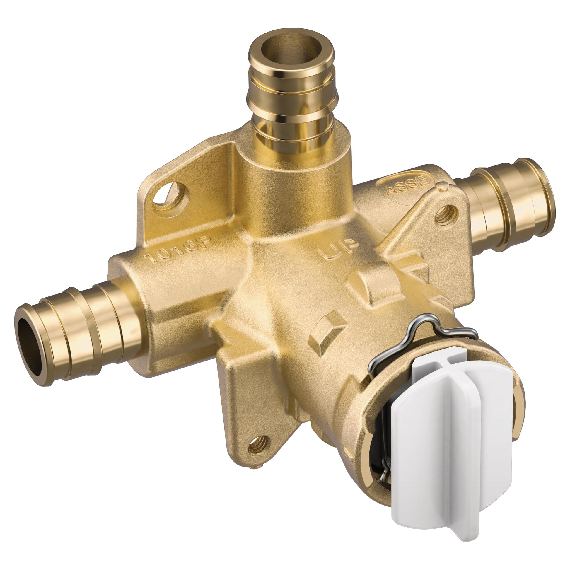Brass pressure balancing valve with three PEX connection ports, adjustment handle, and mounting bracket.