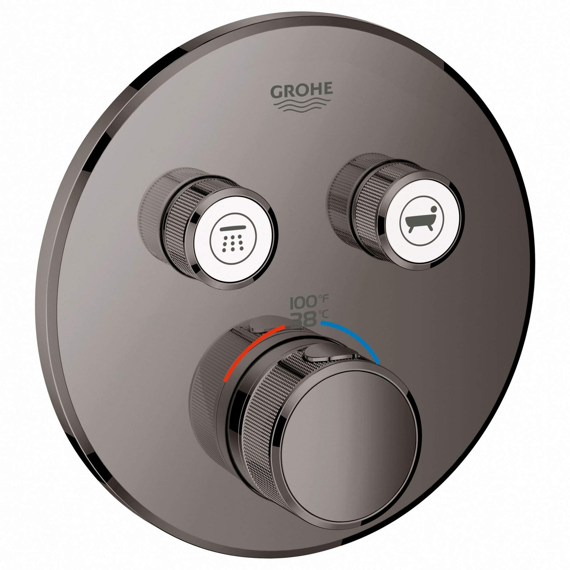 Grohe Grohtherm thermostatic valve trim in hard graphite with two function selectors and temperature control dial.
