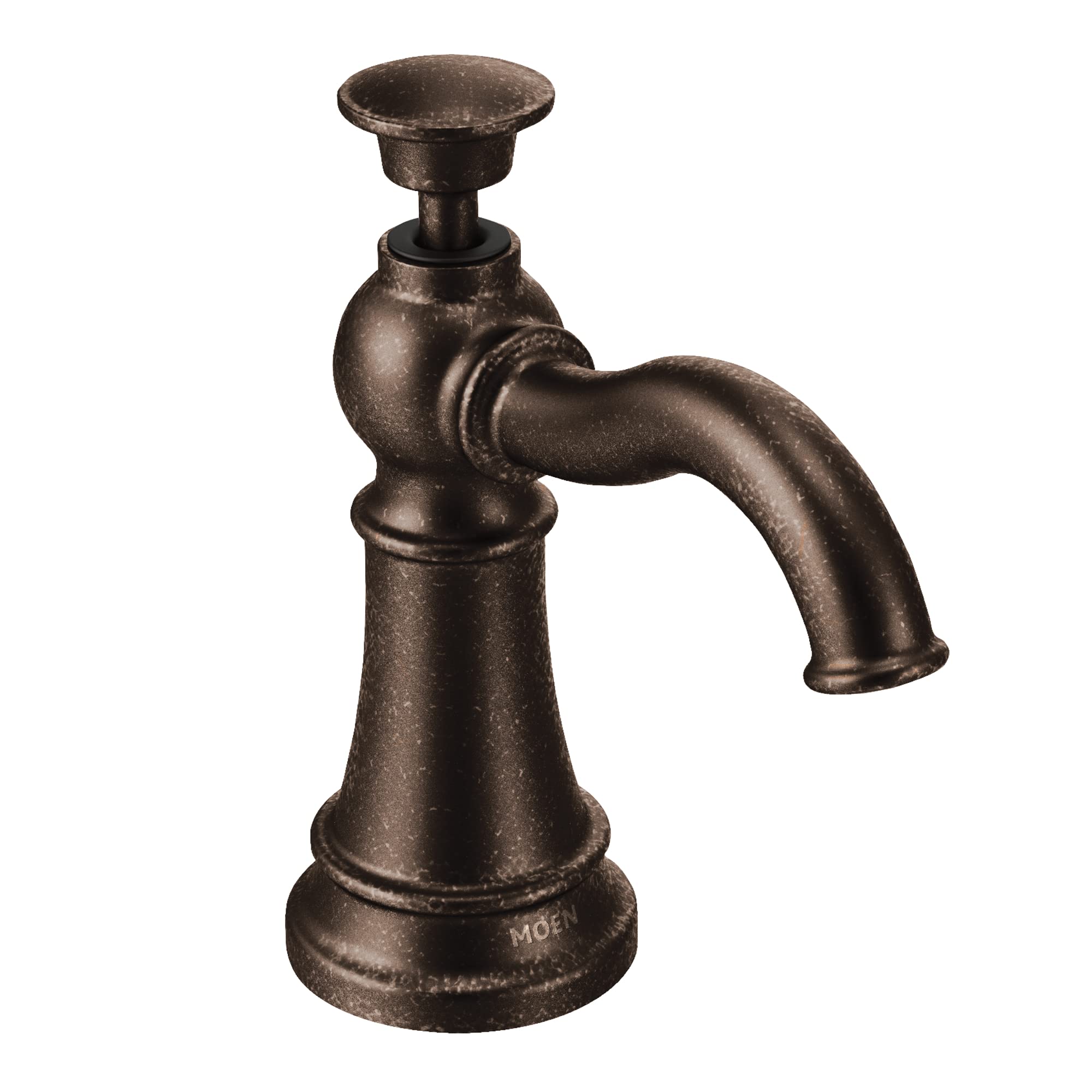 Oil-rubbed bronze kitchen soap dispenser with traditional curved spout and circular pump top.