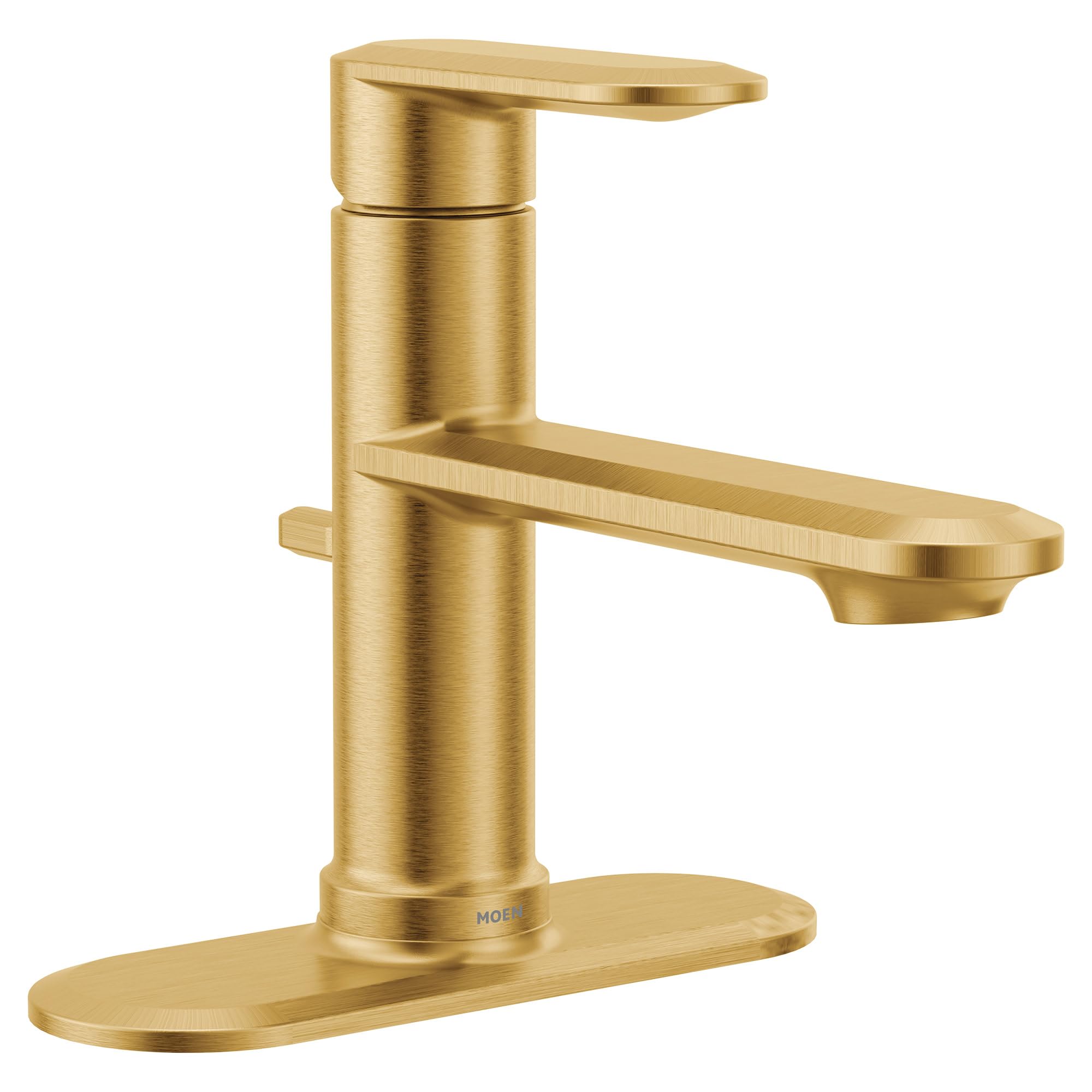 Brushed gold single-handle bathroom sink faucet with cylindrical body, extended spout, and oval base plate.