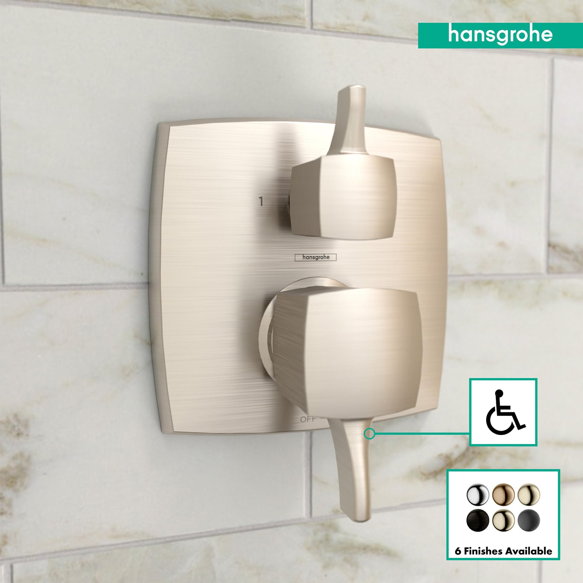 Brushed nickel square pressure balance valve trim with upper diverter handle and lower control lever mounted on tile wall.
