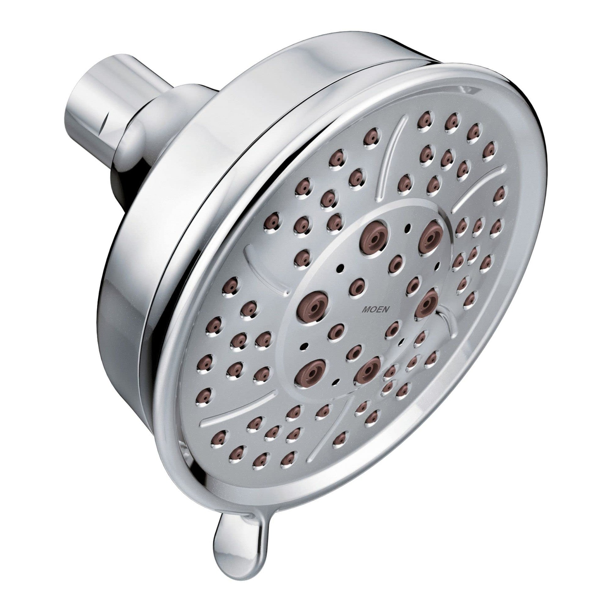 Chrome round shower head with multiple spray jets and adjustment dial, mounted on angled arm.