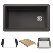 Cinder gray single-bowl kitchen sink with chrome drain and included accessories: rubber rim, wooden cutting board, and stainl