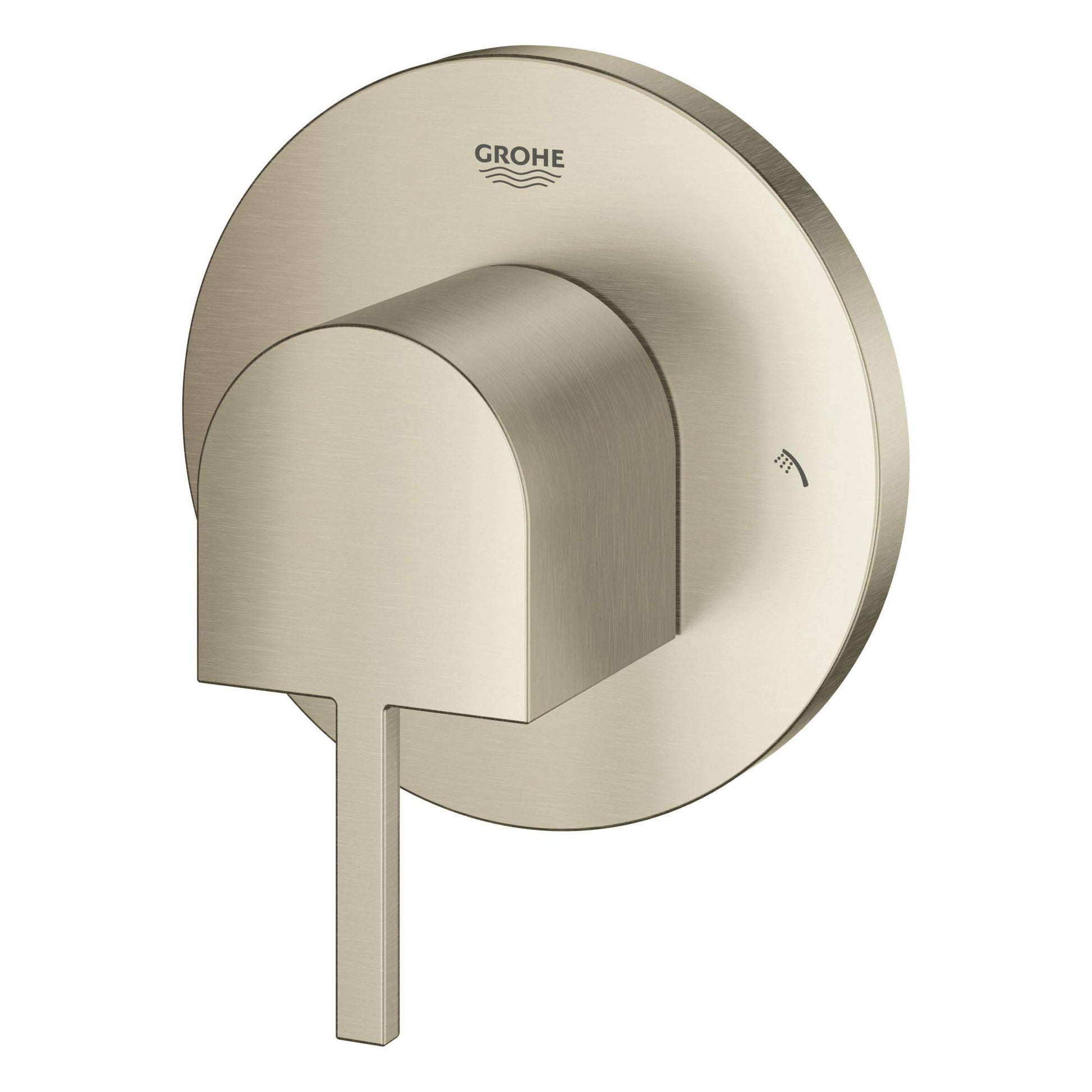 Brushed nickel circular diverter trim with lever handle and Grohe branding on face plate.