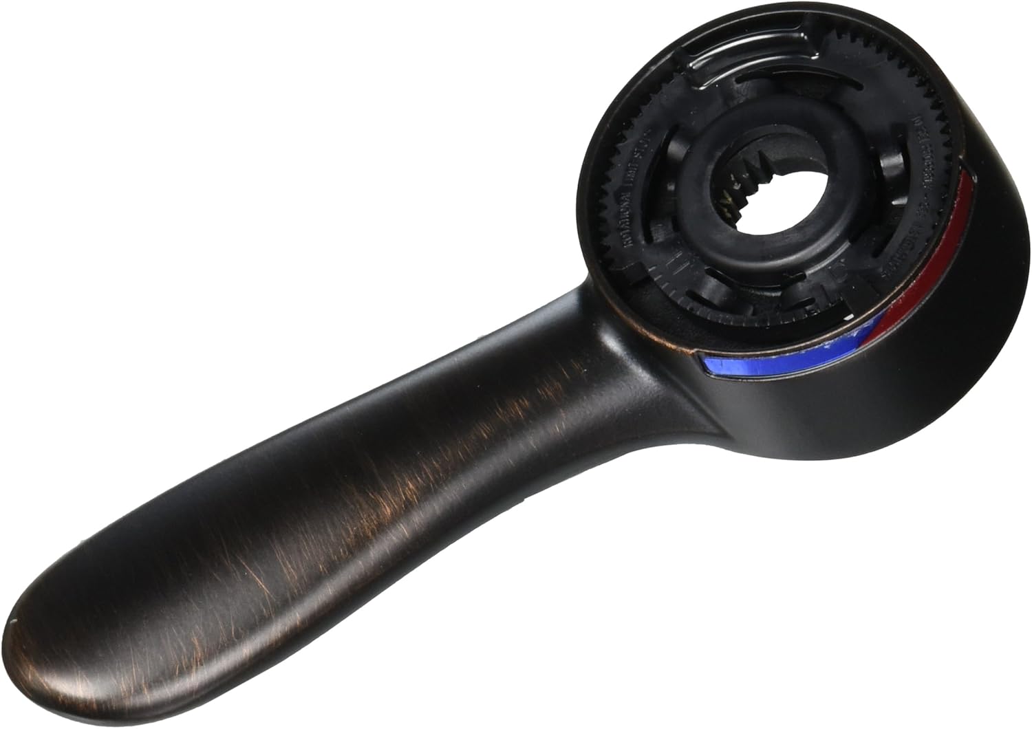 Venetian bronze metal lever handle with color-coded hot and cold indicator rings on rounded cartridge housing.