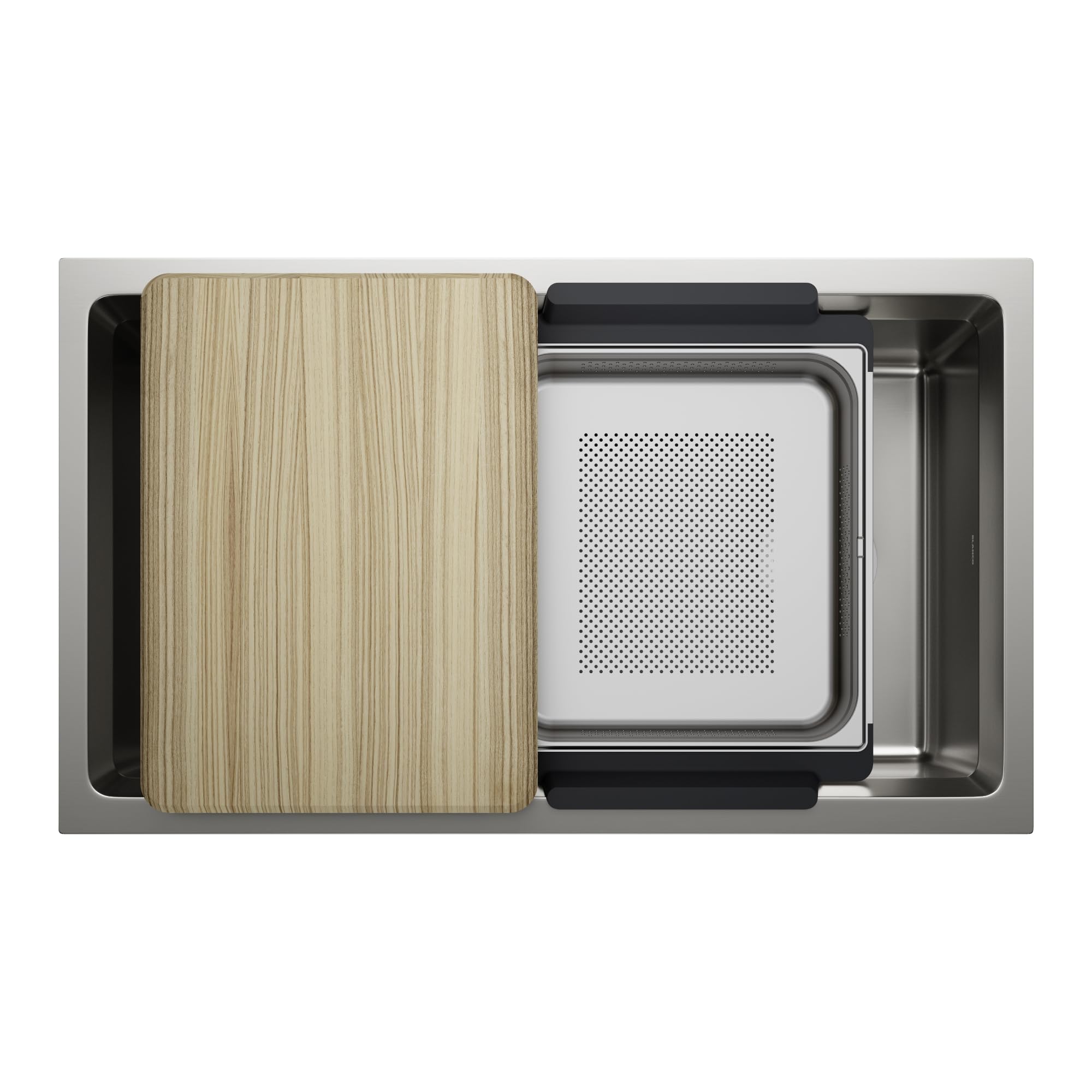 Stainless steel kitchen sink with wooden cutting board, white colander insert, and black accessories, viewed from above.