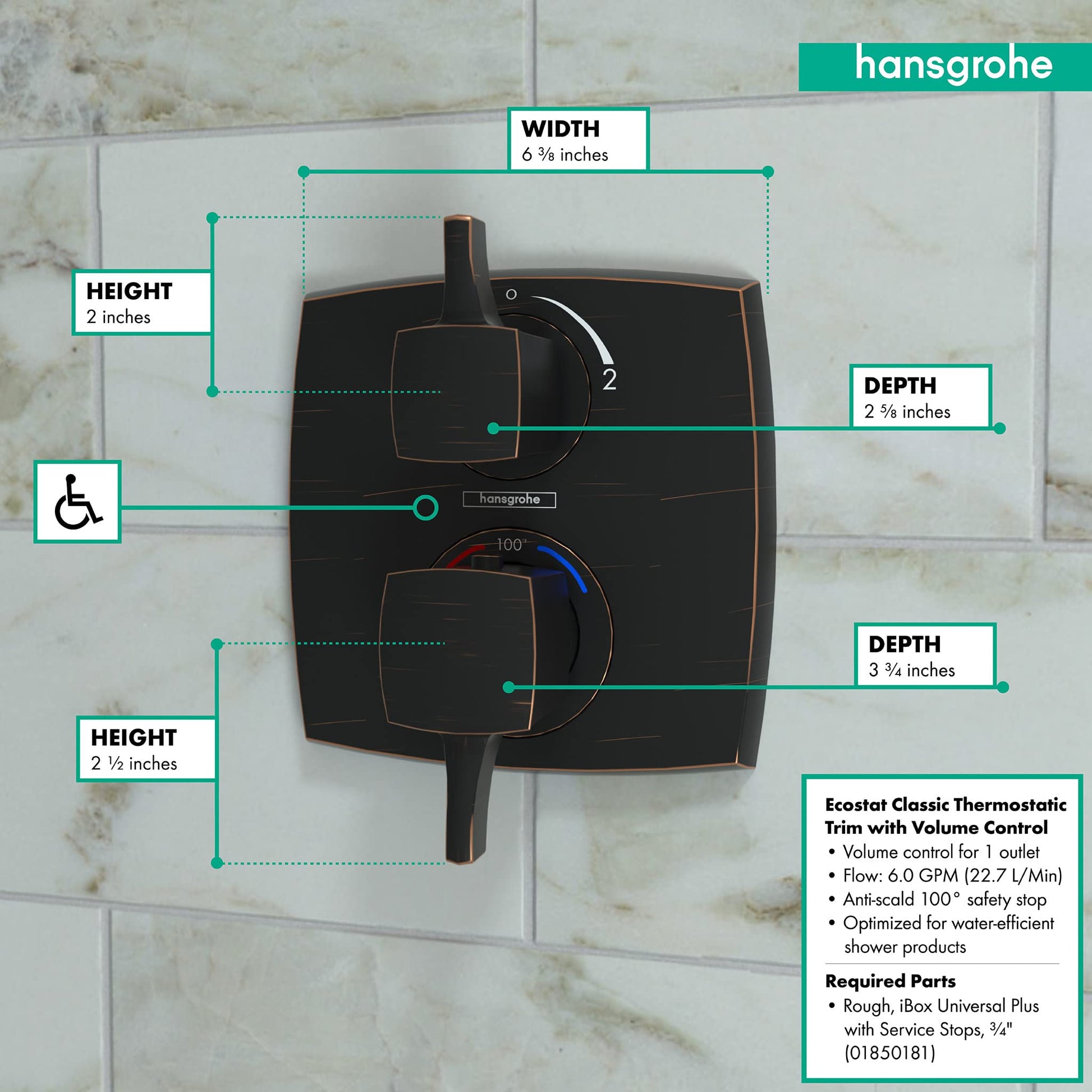 Square rubbed bronze thermostatic shower valve trim with dual control handles and temperature dial.