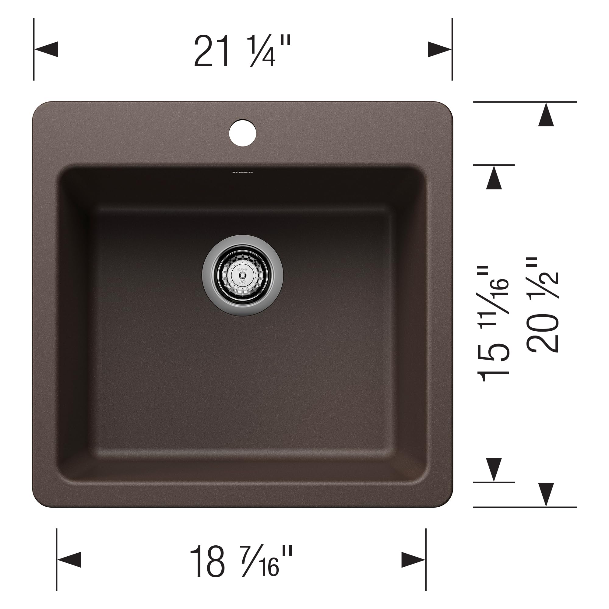 Cafe-colored single bowl kitchen sink with rounded corners, drain, and dimension measurements labeled.