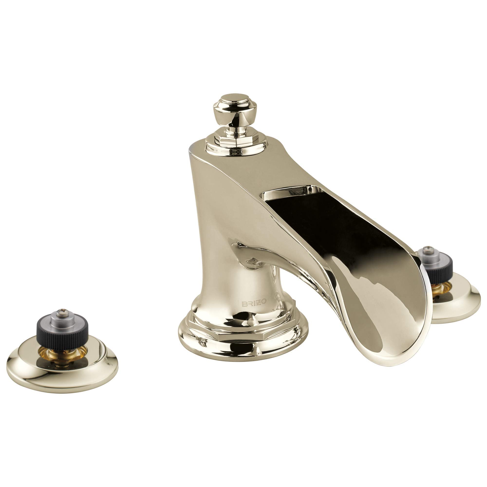 Brizo Rook roman tub faucet with polished nickel finish, channel spout, and two control knobs on base.