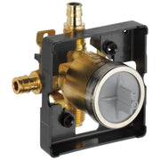 Brass pressure balance valve with black mounting bracket, inlet/outlet ports, and circular diverter dial visible through clea
