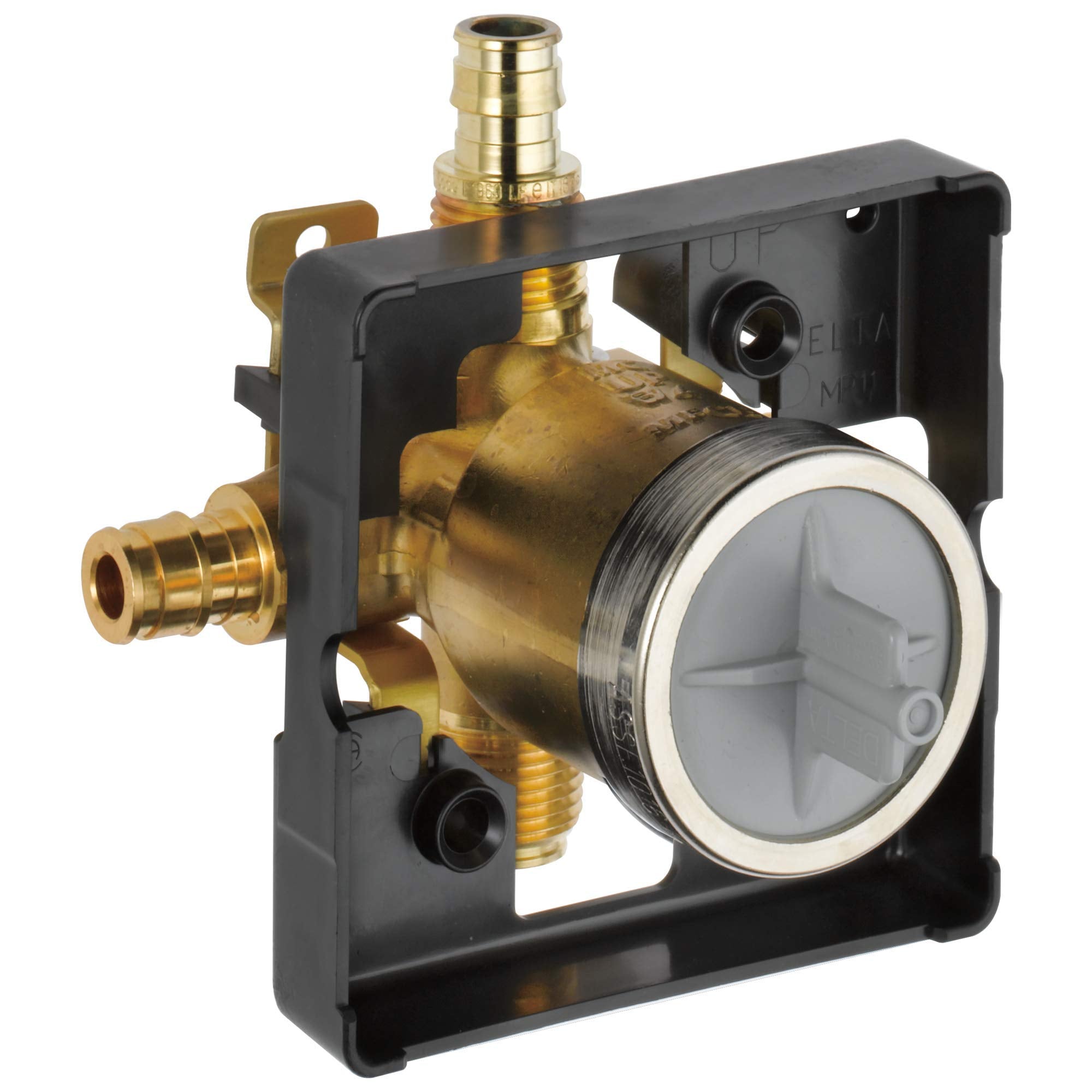 Brass pressure balance valve with black mounting bracket, inlet/outlet ports, and circular diverter dial visible through clea