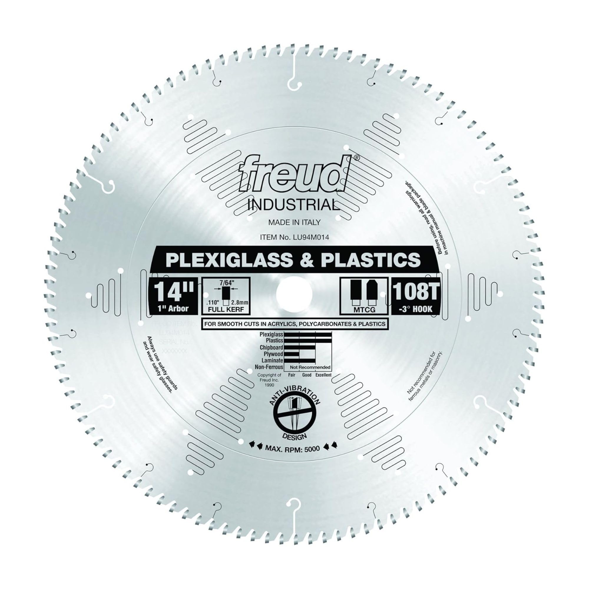 14-inch Freud circular saw blade with 108 teeth for cutting plexiglass and plastics, 1-inch arbor.