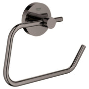 Grohe Essentials paper holder with circular mounting plate and curved arm in hard graphite finish.