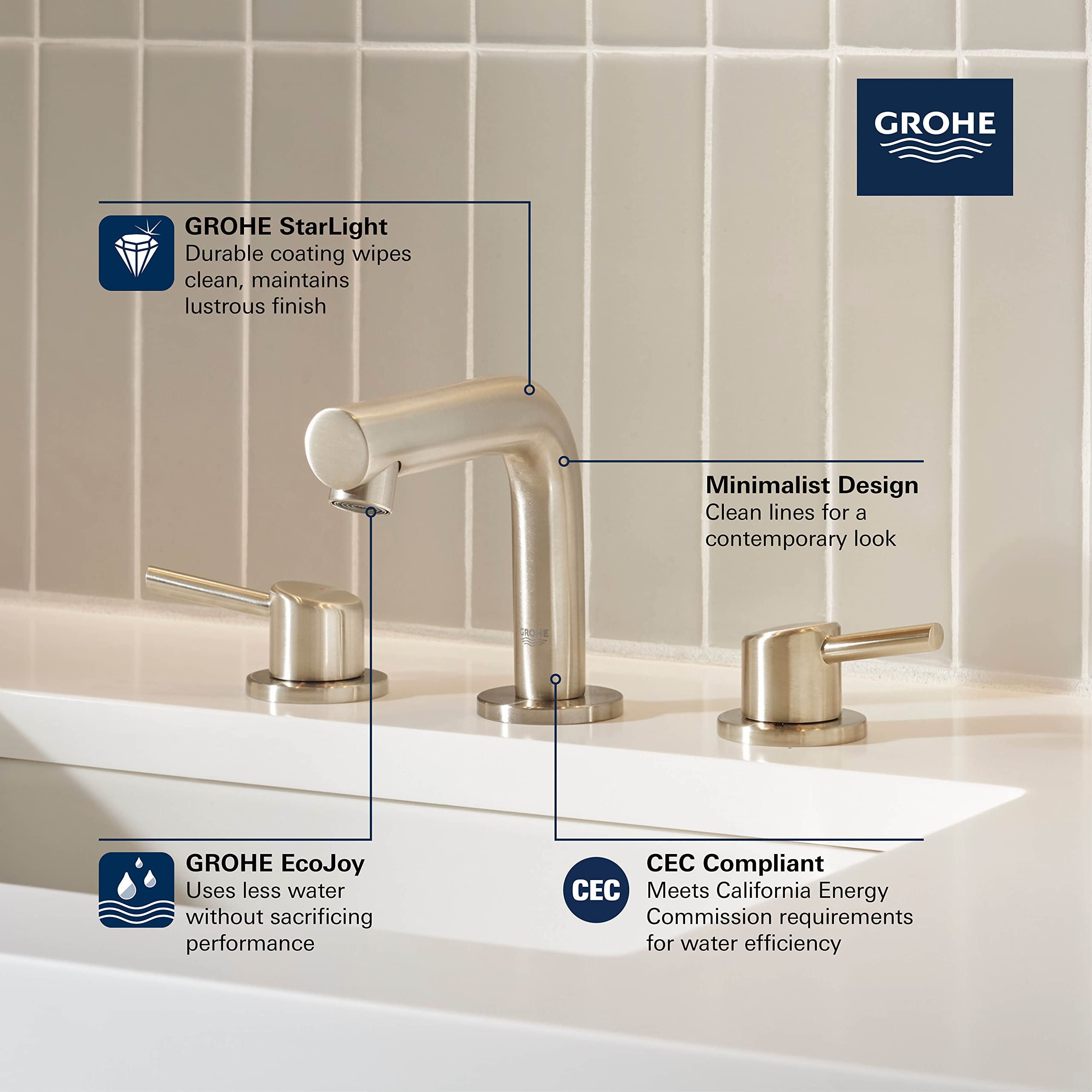 Grohe Concetto brushed cool sunrise widespread bathroom faucet with dual handles and curved spout on white sink.