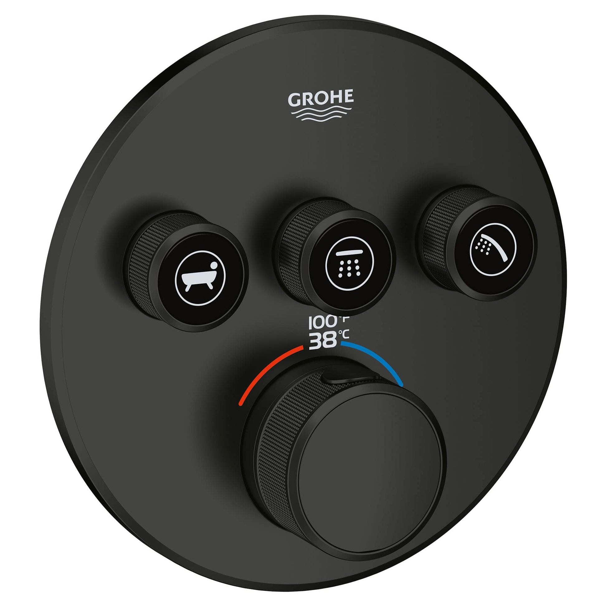 Matte black circular thermostatic valve trim with three upper control buttons and lower temperature dial displaying 38°C sett