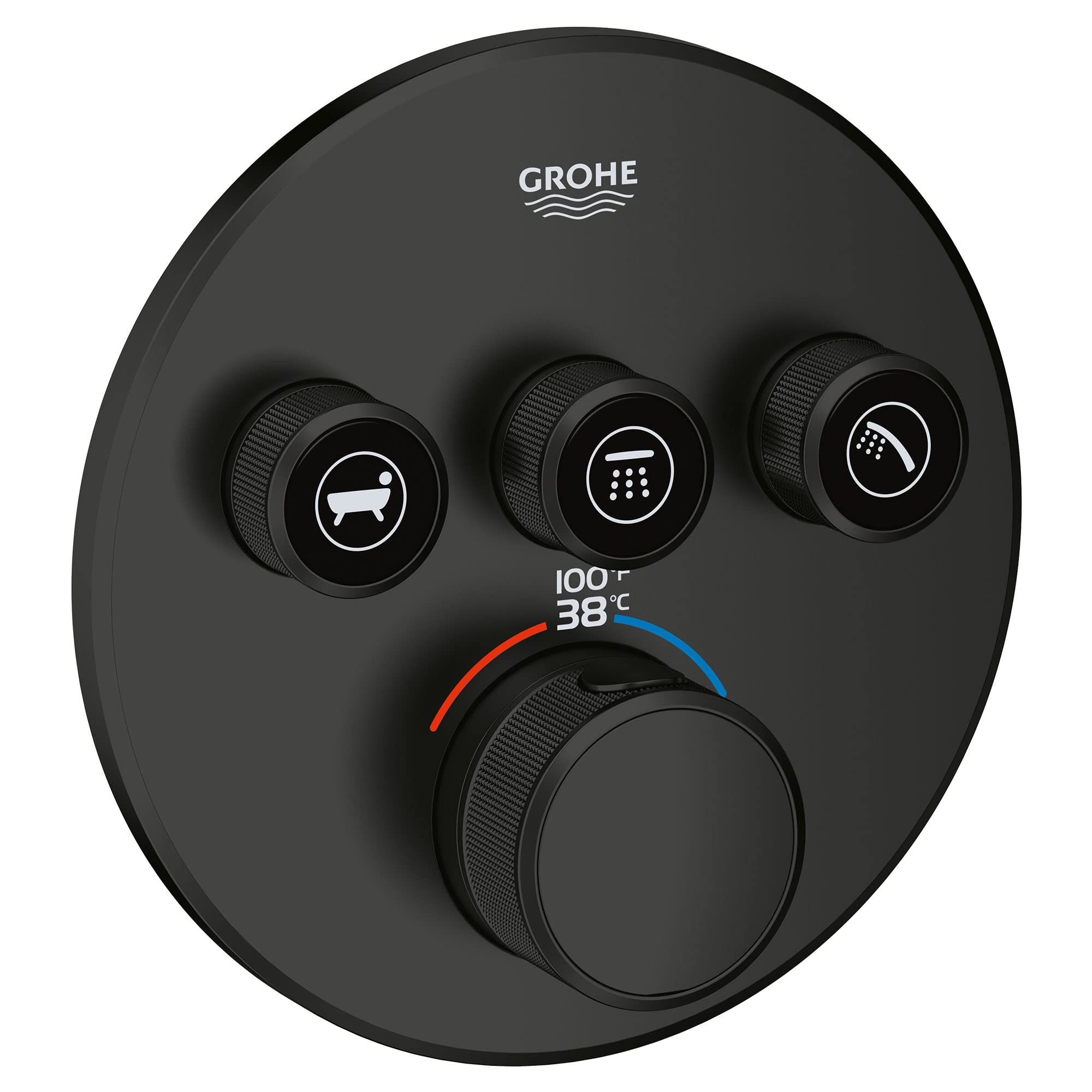 Matte black circular thermostatic valve trim with three upper control buttons and lower temperature dial displaying 38°C sett