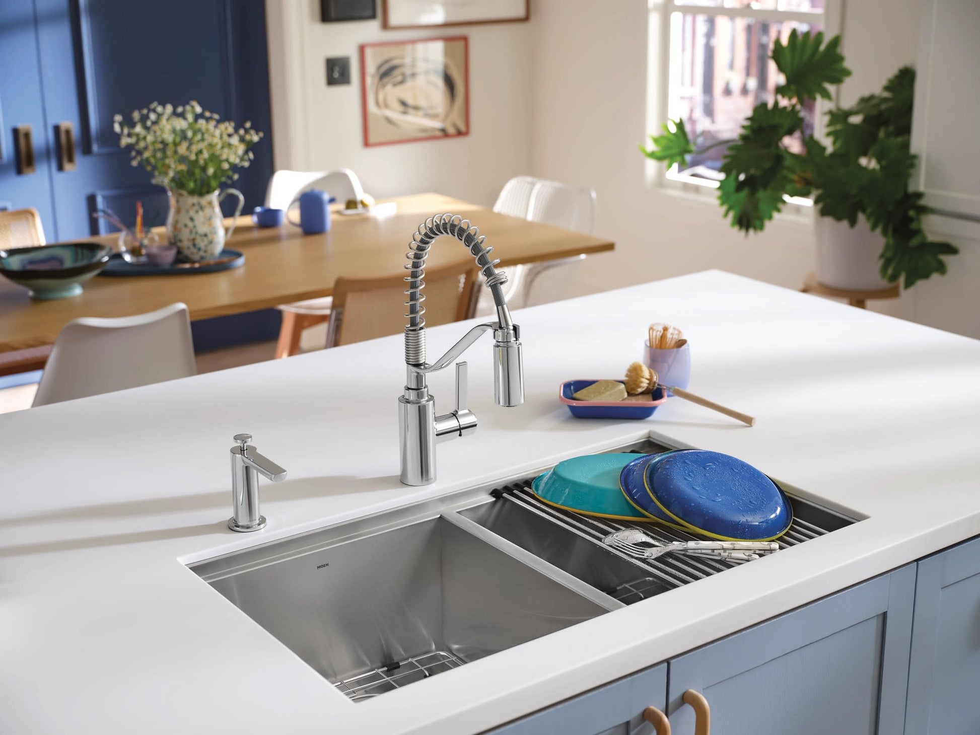 Stainless steel double bowl undermount kitchen sink with pull-down faucet, drying rack, and cutting board accessories install