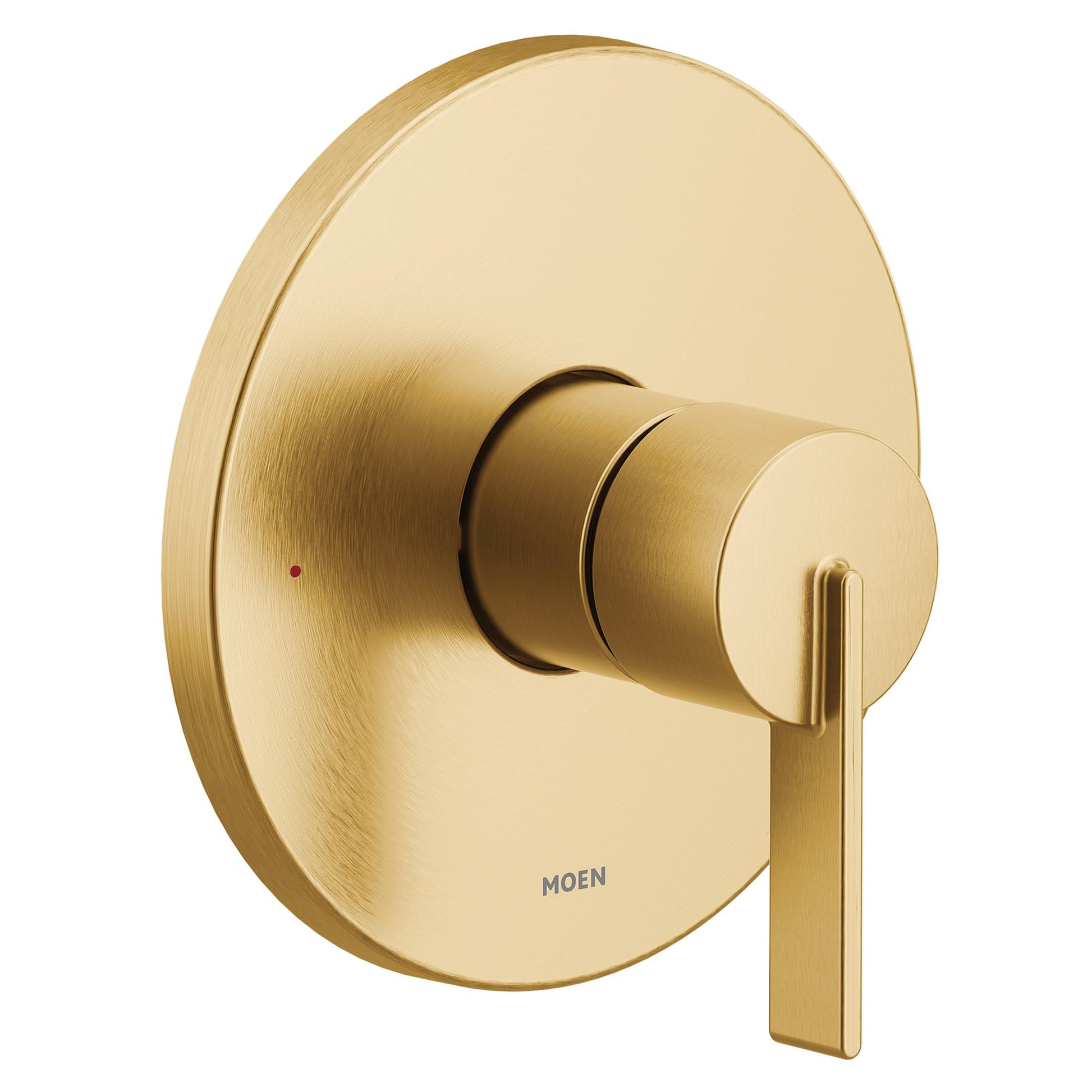 Brushed gold single-handle shower valve trim with round escutcheon plate and lever handle.