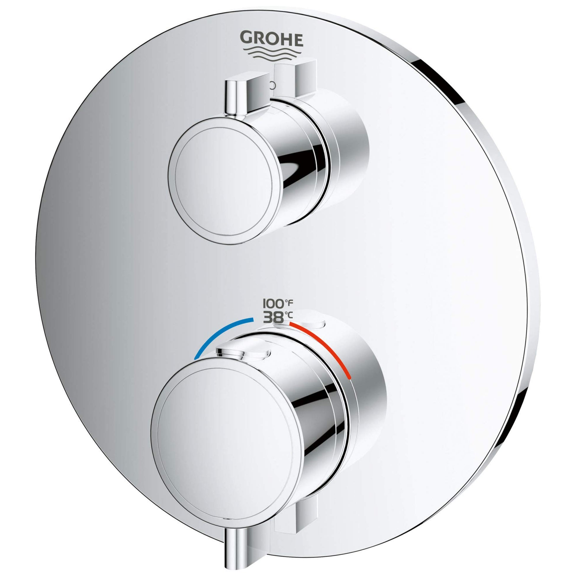 Chrome thermostatic valve trim with two circular handles and temperature dial displaying Fahrenheit and Celsius ranges.