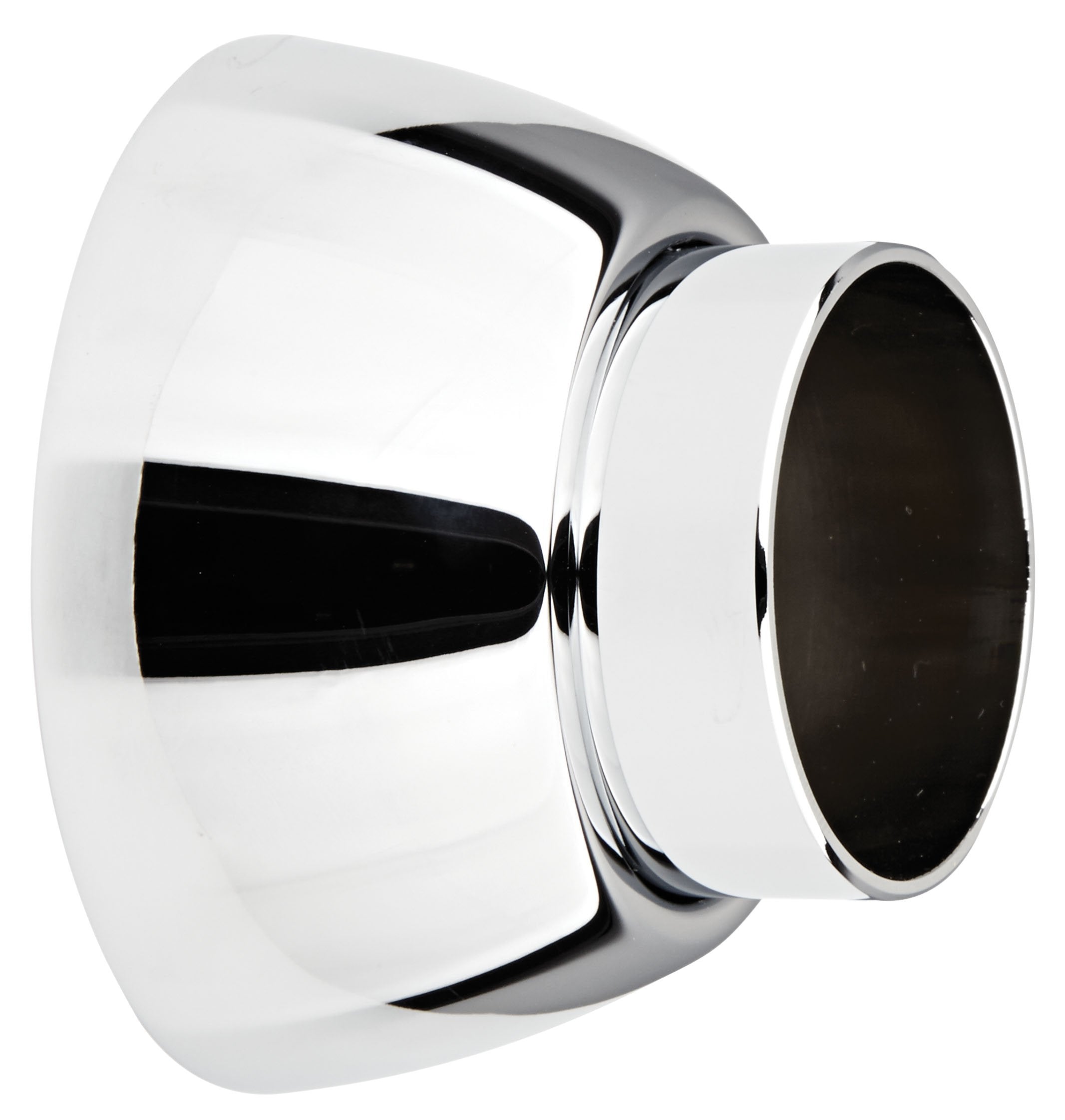Chrome escutcheon with white trim ring and black rubber sleeve for wall-mounted faucet installation.