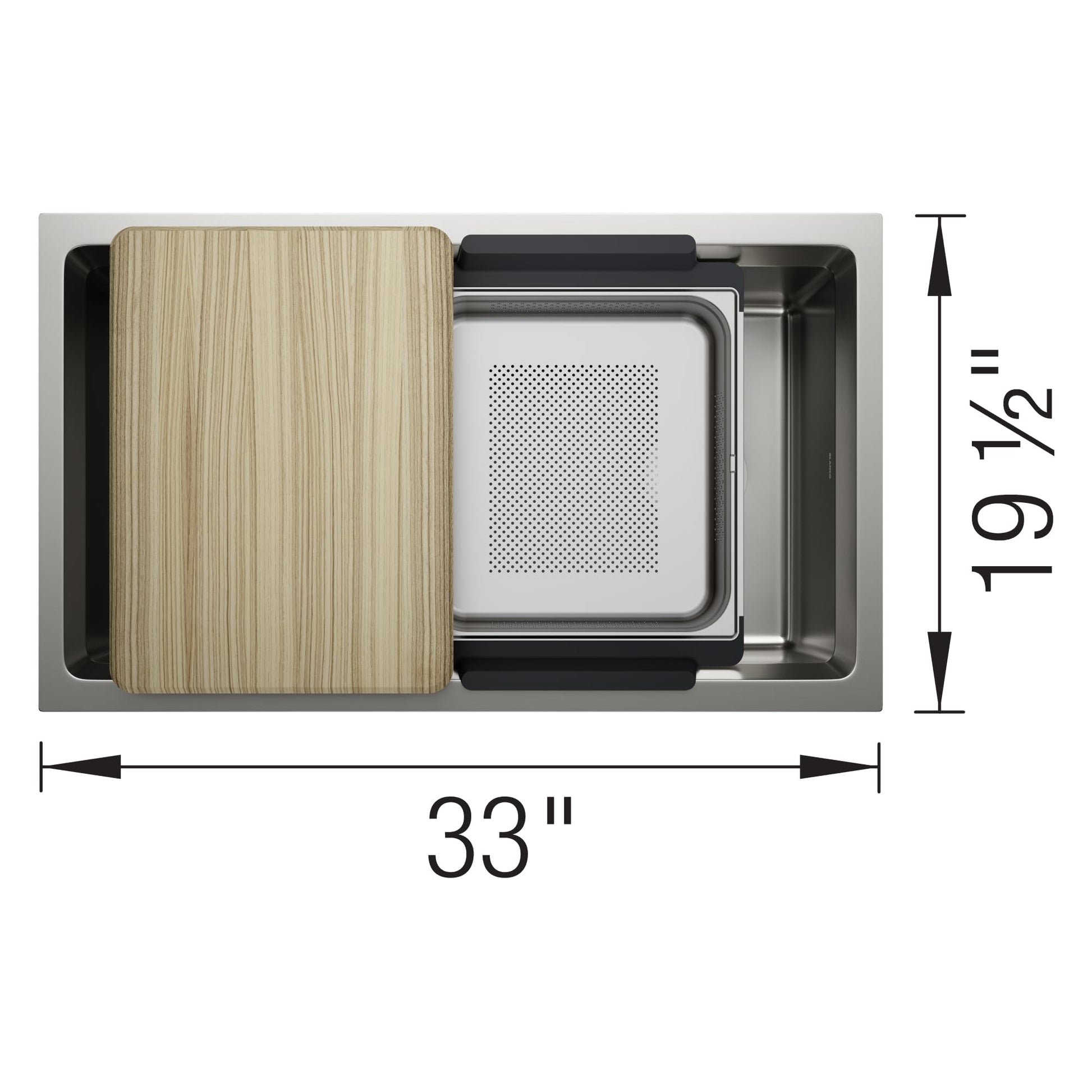 Stainless steel sink with wooden cutting board, perforated strainer basket, and black accessories, measuring 33 inches wide.
