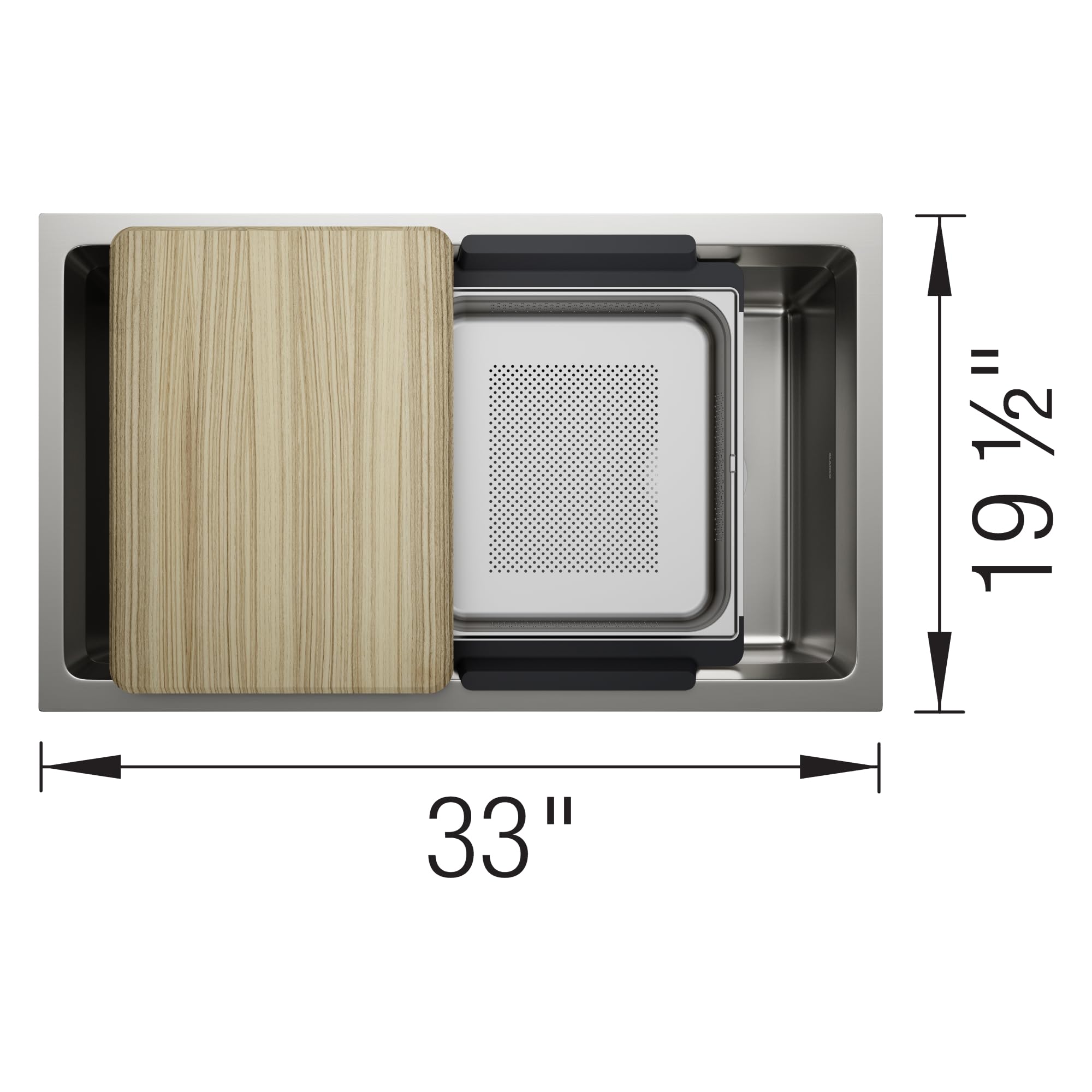Stainless steel sink with wooden cutting board, perforated strainer basket, and black accessories, measuring 33 inches wide.