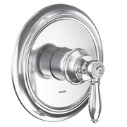 Chrome shower trim kit with single lever handle, round escutcheon plate, and decorative spout collar.