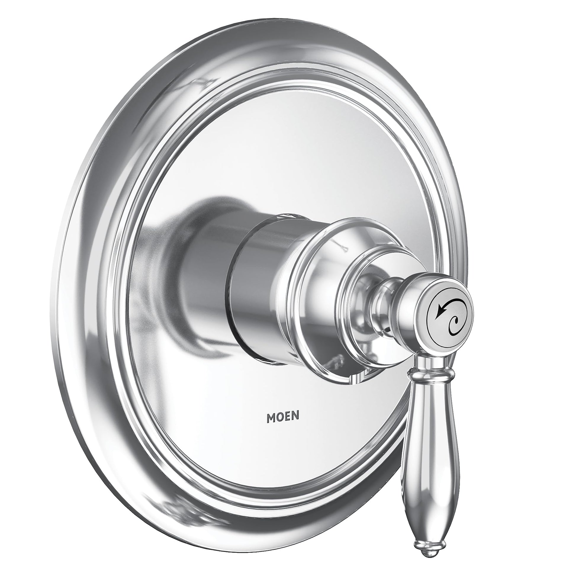 Chrome shower trim kit with single lever handle, round escutcheon plate, and decorative spout collar.