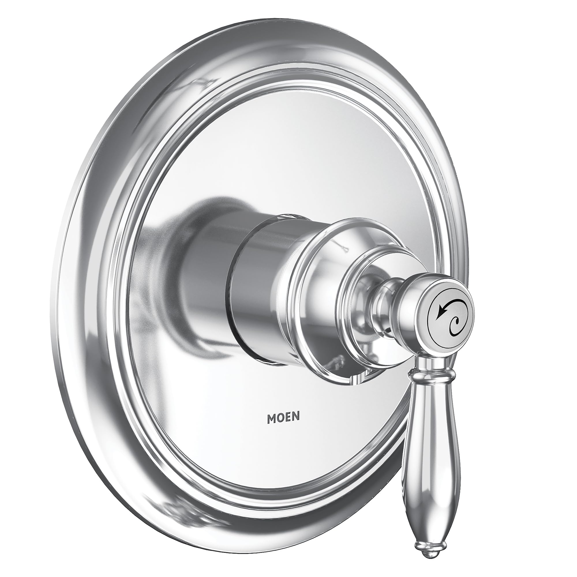 Chrome shower trim kit with single lever handle, round escutcheon plate, and decorative spout collar.