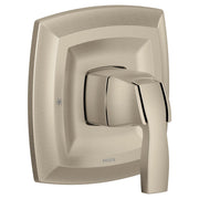 Brushed nickel single-handle valve trim with square escutcheon plate and curved lever handle.