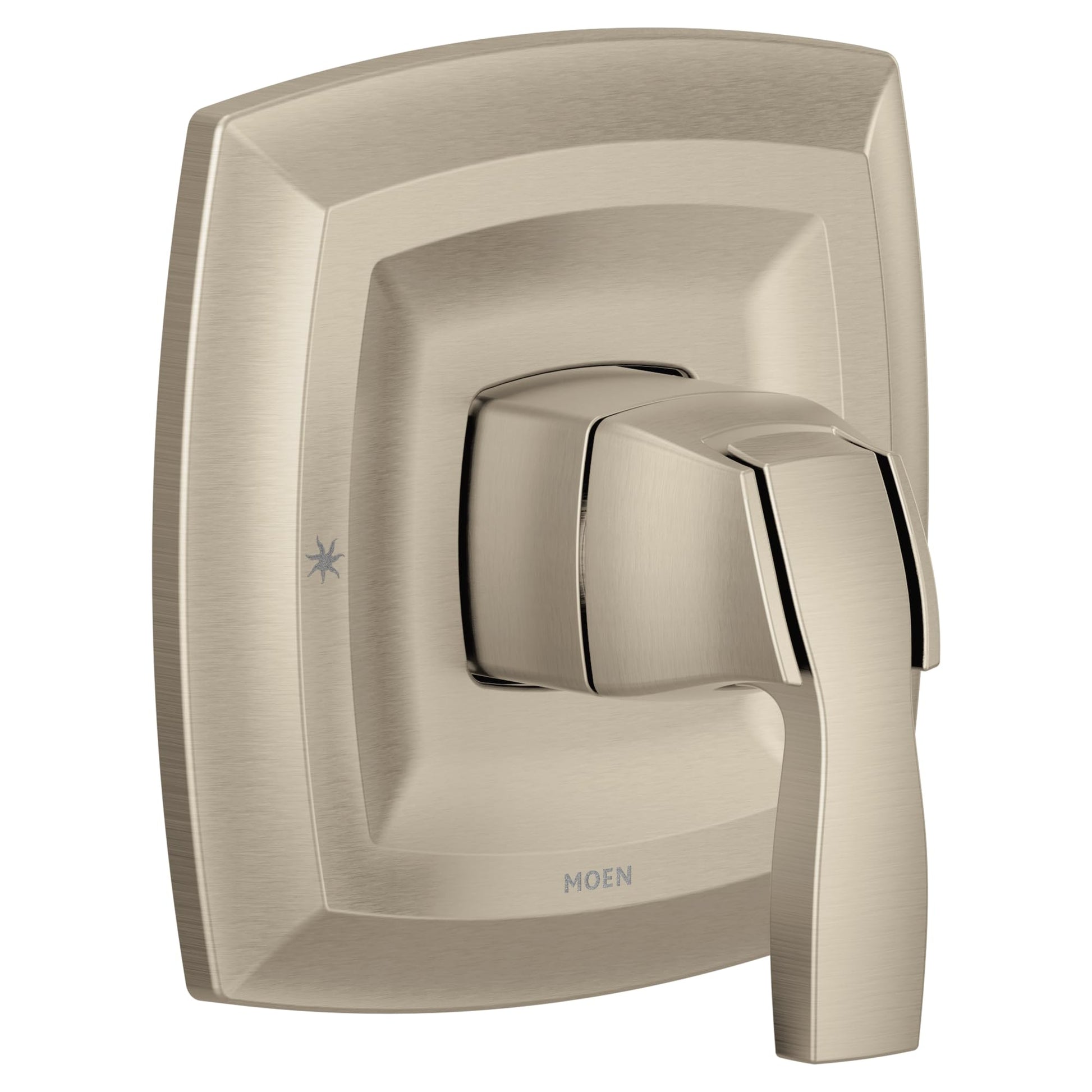 Brushed nickel single-handle valve trim with square escutcheon plate and curved lever handle.