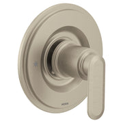 Brushed nickel single-handle tub and shower faucet with oval lever handle and round trim plate.