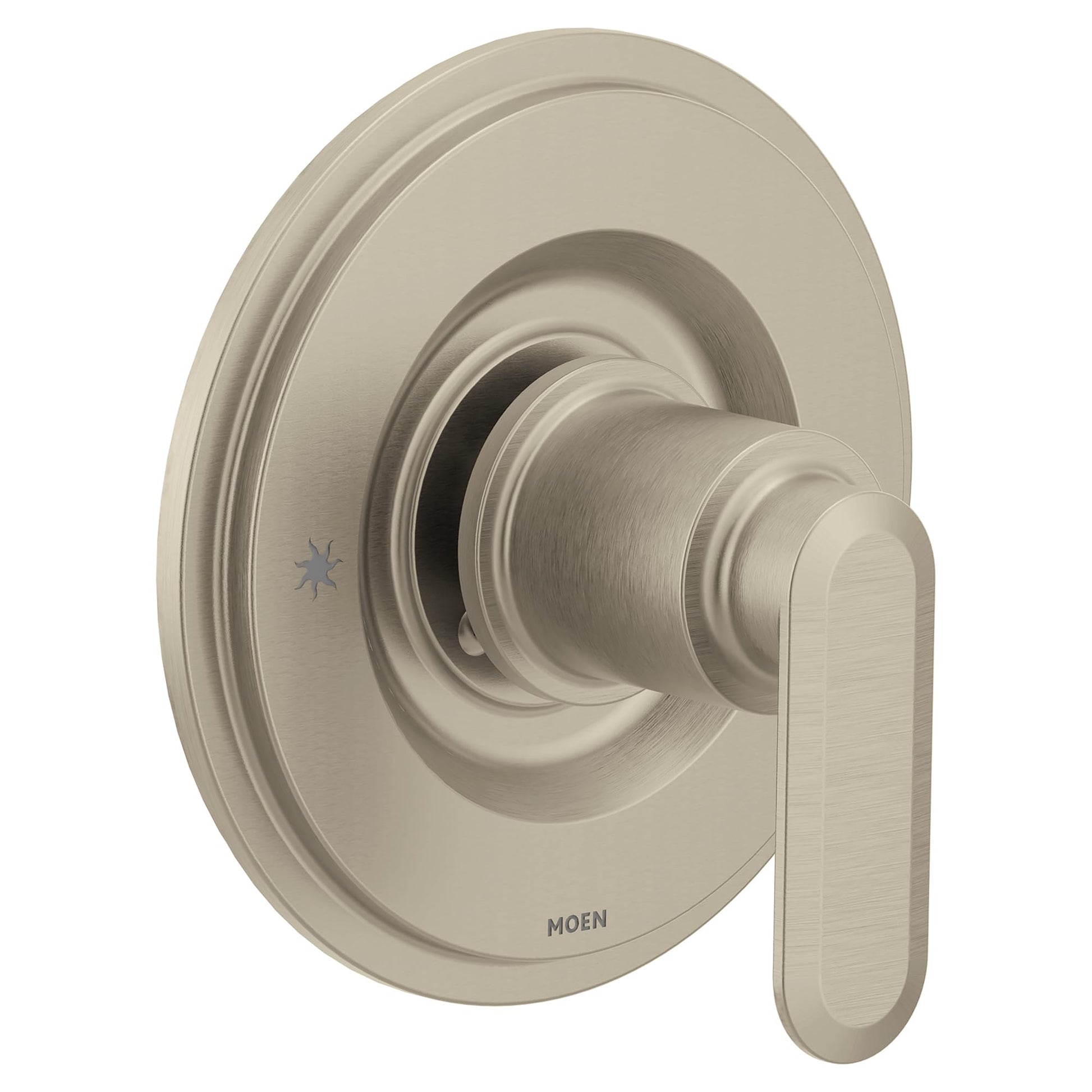 Brushed nickel single-handle tub and shower faucet with oval lever handle and round trim plate.