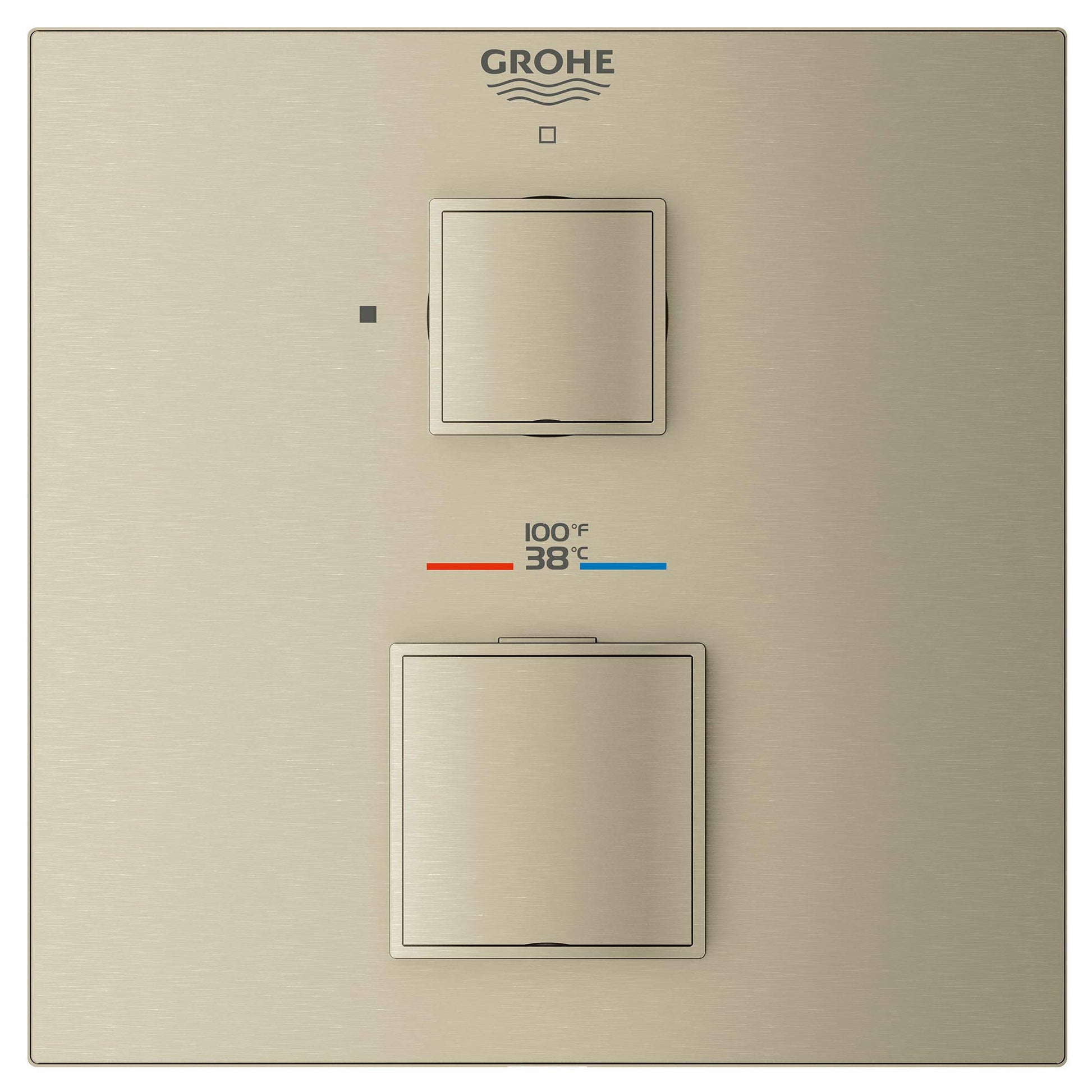 Grohe brushed nickel thermostatic valve trim with two square handles and temperature display showing 38°C.