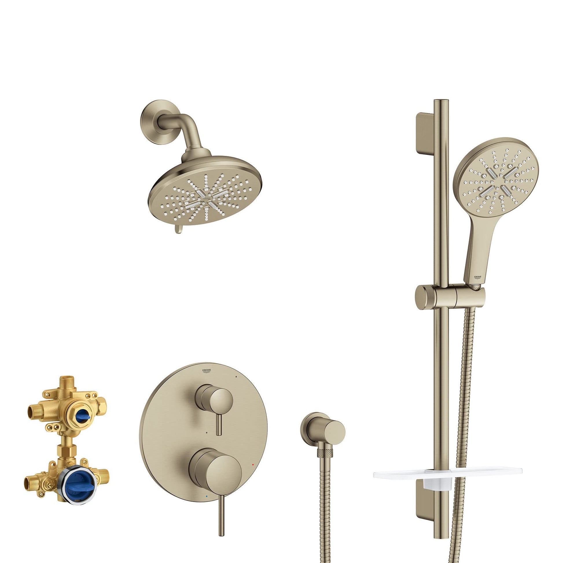 Brushed nickel shower set with overhead showerhead, handheld showerhead, valve trim, and rough-in valve components.