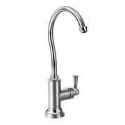 Chrome kitchen faucet with curved spout, single lever handle, and cylindrical base.